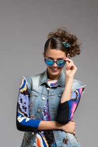 Denim vest Manila Grace, dress CO|TE, brooch used as a headpiece vintage Archivio Guerrini, sunglasses Kyme